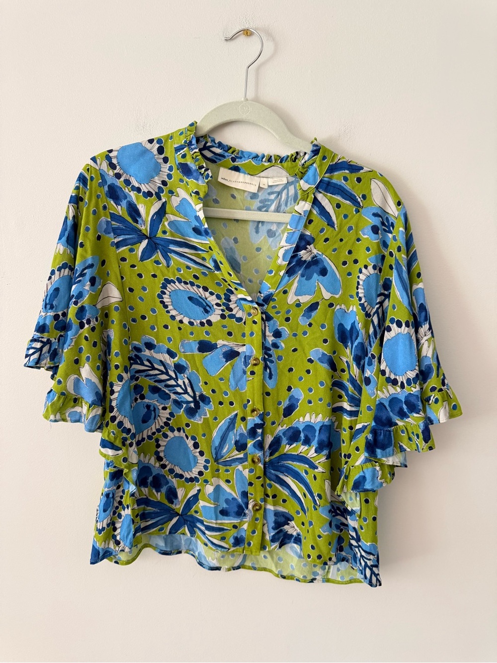 Women’s Lime Green & Blue Floral Button Front Top Vera for Anthropologie size m